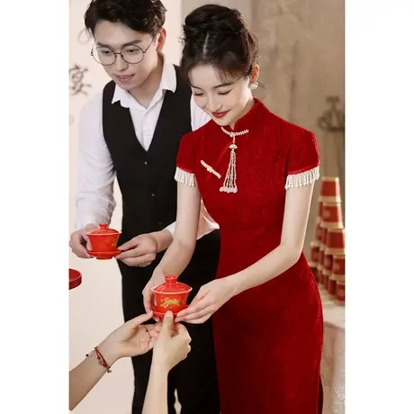 旗袍敬酒服新娘2024新款红色蕾丝中式订婚礼服女夏季连衣裙高级感商品大图