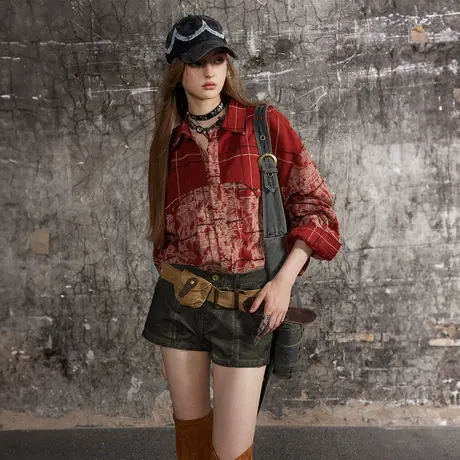 潮牌复古拼接红色格子衬衫女2024年春季新款设计感情侣装宽松衬衣图片
