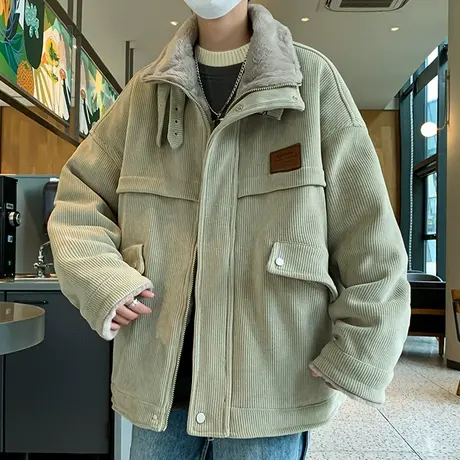 灯芯绒夹克男秋冬季新款加绒加厚翻领工装棉衣青少年保暖棉袄外套商品大图