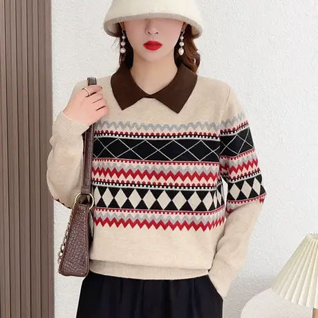 春装2024年新款polo领毛衣女内搭针织打底拼色时尚长袖上衣洋气商品大图