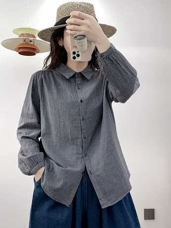 春秋季韩版文艺复古双色双织细条纹衬衫女双层棉纱布长袖宽松上衣图片