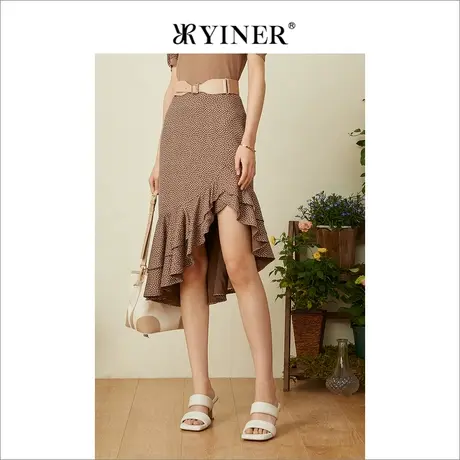 YINER音儿女装夏季法式优雅桑蚕丝波点鱼尾半身裙商品大图