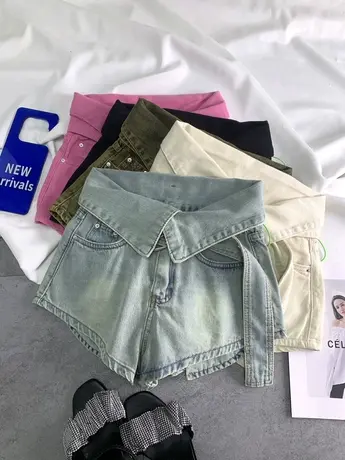 欧洲站腰部翻边牛仔短裤女2024春夏新款显瘦百搭绑带复古阔腿短裤图片