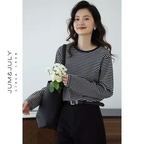 嘉茱莉2025春季新款条纹长袖T恤女设计感上衣宽松内搭打底衫圆领商品大图