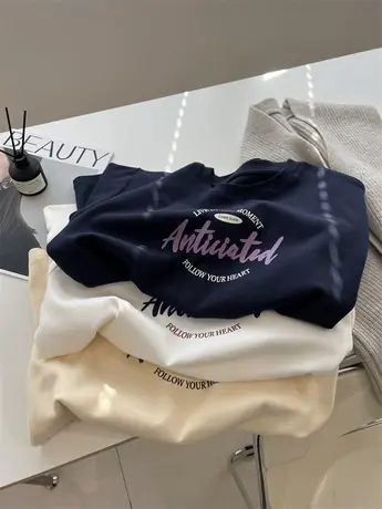 美式字母印花圆领短袖t恤女2024新款秋冬厚实打底衫上衣减龄学生图片