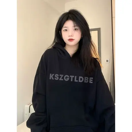 美式复古国潮卫衣女秋冬加绒加厚小个子大码宽松oversize连帽外套商品大图