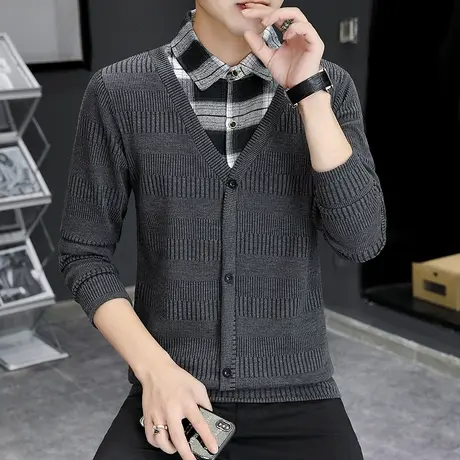 2022秋季假两件长袖T恤男时尚休闲青年衬衫领针织打底衫男士上衣商品大图