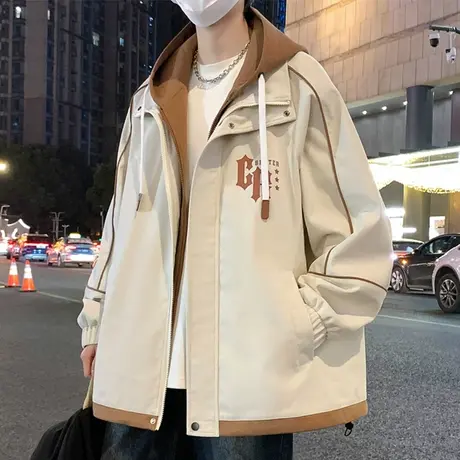 假两件外套男春秋季新款潮牌宽松连帽夹克青少年休闲户外冲锋衣服图片