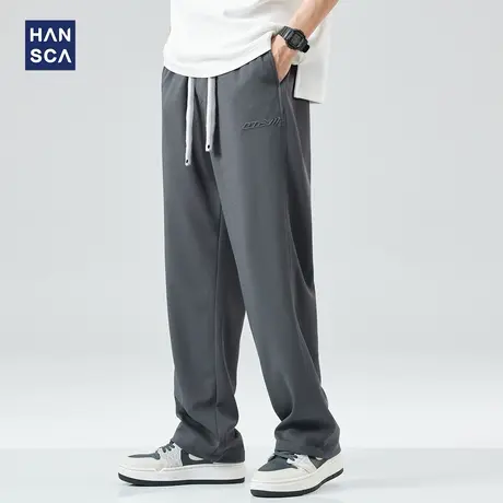 hansca黑色弹力休闲裤潮牌男夏季薄款宽松直筒抽绳运动垂感阔腿裤图片