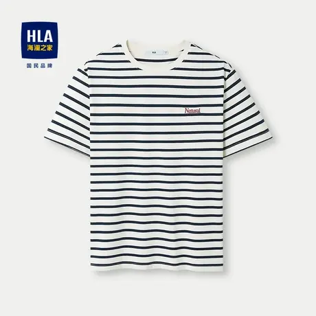 HLA/海澜之家棉盖丝短袖T恤24春夏新撞色刺绣条纹圆领透气短袖男商品大图