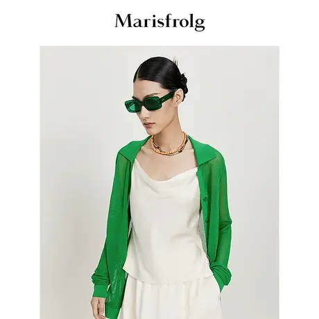 玛丝菲尔2022夏季新款开衫绿色轻薄开衫网眼透视外搭T恤女商品大图