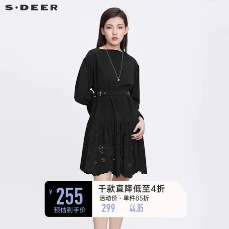 sdeer圣迪奥春装一字领收腰镂空喇叭袖连衣裙女S22181212图片