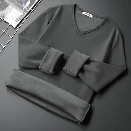 长袖t恤男装V领加绒加厚保暖秋冬内搭打底衫潮流修身纯色秋衣小衫商品大图