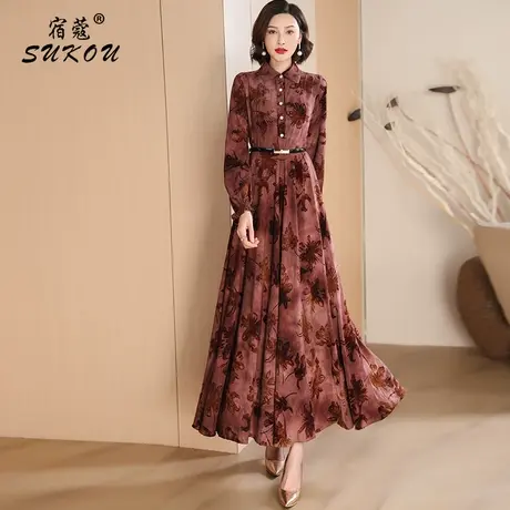 衬衫领金丝绒长裙女2023秋冬装新款新中式减龄高级感超好看连衣裙图片