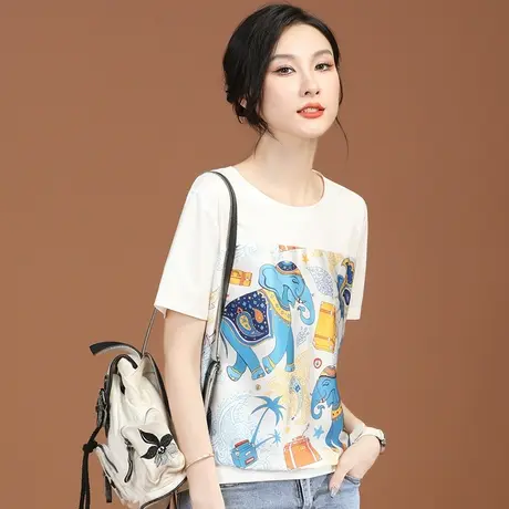 韩潮袭人大象印花圆领拼接雪纺短袖t恤女2023夏季新款宽松体恤薄商品大图