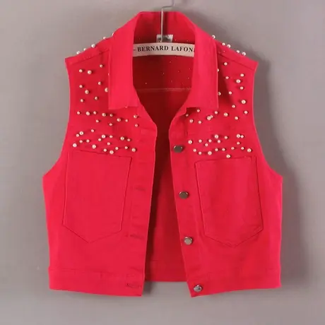 牛仔马甲女背心短款春秋夏宽松新款无袖大码外搭显瘦彩色钉珠坎肩商品大图