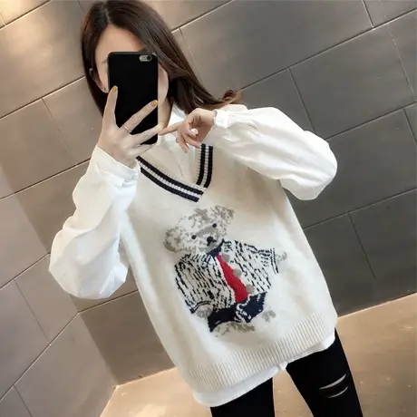 2023早春新款韩版百搭宽松上衣日系学院小熊毛衣马甲针织衫内搭潮商品大图