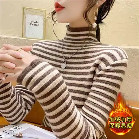 冬季2023年新款女士高领一体绒毛衣女加绒加厚条纹打底衫秋冬内搭商品大图
