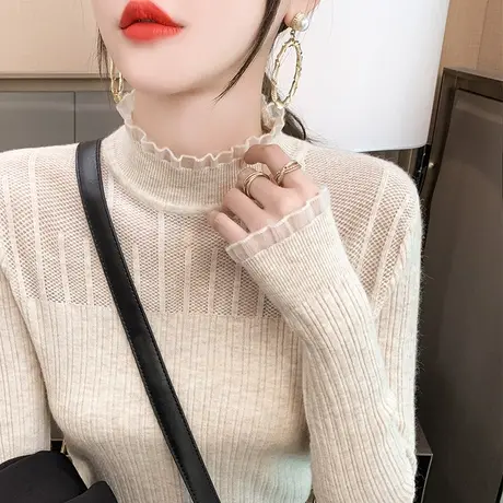秋冬新款半高领毛衣女蕾丝打底衫春秋季套头百搭修身内搭针织衫女图片