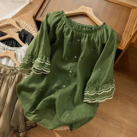 中袖苎麻上衣花瓣袖文艺复古高级感小众设计棉麻小衫薄款2022新款图片