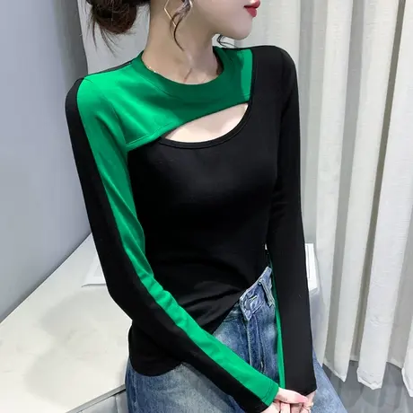 春装2023新款时尚撞色长袖T恤女欧货镂空打底衫内搭洋气性感上衣商品大图