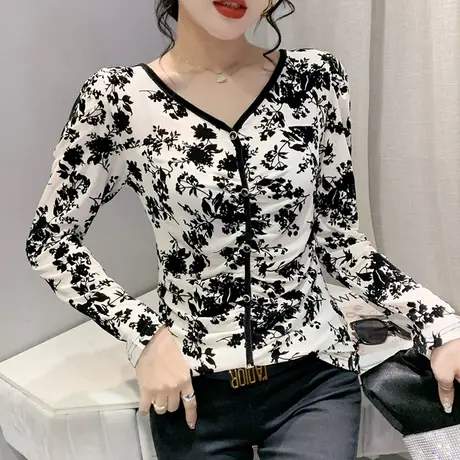 性感网纱打底衫女春秋2023新款气质印花漂亮V领T恤长袖修身上衣潮商品大图