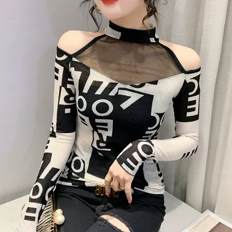 2023春秋新款性感网纱拼接T恤女长袖欧货洋气露肩上衣紧身小衫潮商品大图