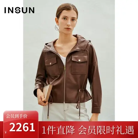 恩裳2023春款新款咖色羊皮皮衣连帽复古金属拉链夹克外套商品大图