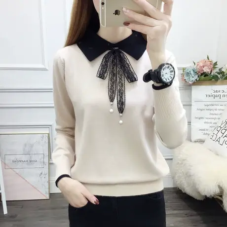 秋季新款长袖蕾丝蝴蝶系带娃娃领宽松加绒针织打底衫毛衣女上衣潮商品大图