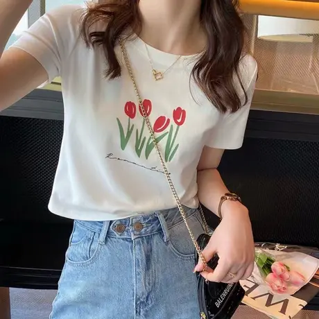 短款t恤女夏2023新款白色短袖纯棉小个子修身显瘦粉色正肩上衣ins商品大图
