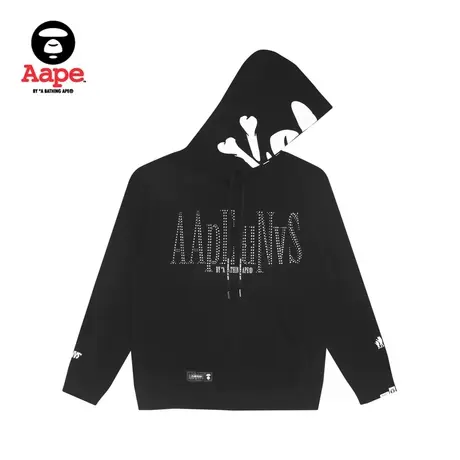 Aape旗舰店男装秋冬猿颜交叉骨字母印花加绒休闲连帽卫衣3821XXH图片