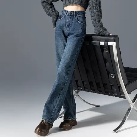 高腰加长牛仔裤女2023年新款显瘦阔腿裤春秋裤子女潮牌窄版直筒裤商品大图