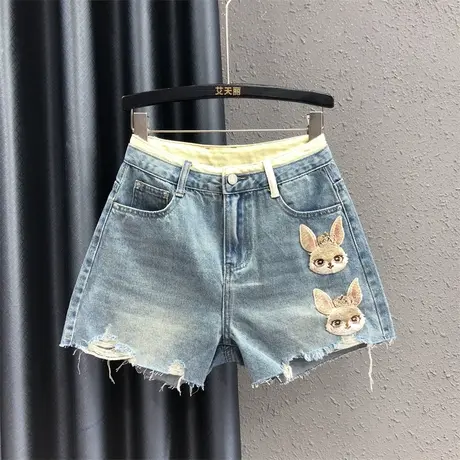 欧货时尚设计感刺绣甜美牛仔短裤女夏2023新款高腰拼接a字阔腿裤商品大图