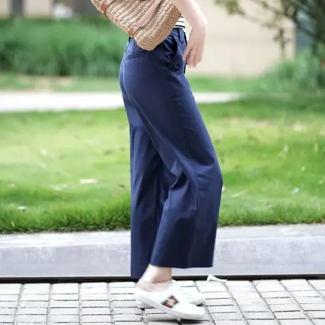 藏青色天丝裤子女夏季薄款2023新款女装小个子冰丝阔腿裤女九分裤商品大图