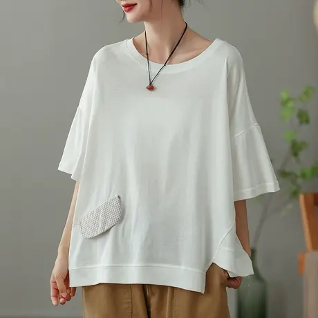 dza白色纯棉短袖T恤女2023夏季圆领开叉打底体恤宽松显瘦套头上衣商品大图