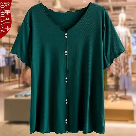 中年妈妈夏装短袖上衣2023新款洋气时尚加肥加大码女装木耳边T恤商品大图