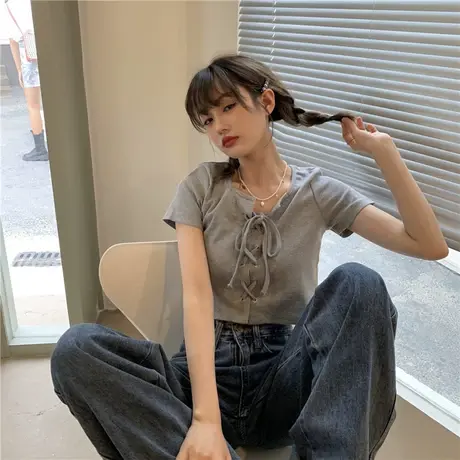方领绑带白色短袖T恤女夏季设计感修身短款露脐高腰辣妹bm风上衣商品大图