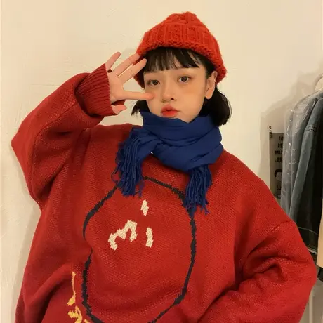 红续新年酒红色卡通毛衣女保暖加厚显白宽松学院风针织衫秋冬新款图片