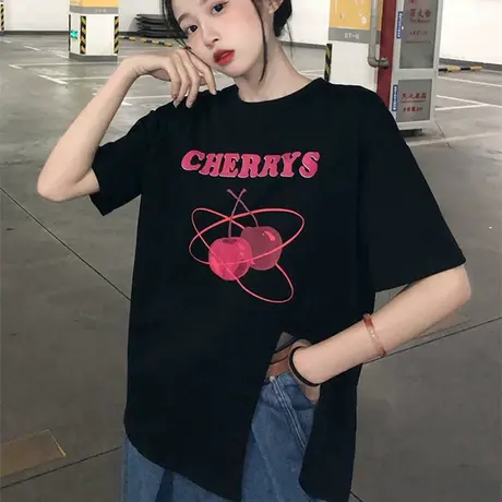 T恤女夏季韩版2023新款宽松字母印花设计感开叉黑色百搭短袖上衣商品大图