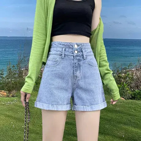 秋季2023新款小心机A字牛仔短裤女宽松阔腿热裤显瘦薄款高腰裤子商品大图