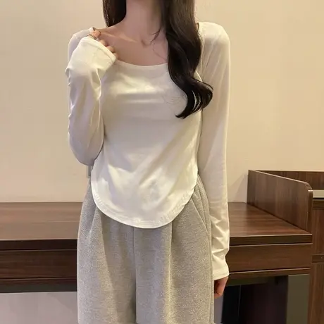 设计感小众短款长袖t恤女秋冬内搭修身高腰打底衫辣妹风外穿上衣商品大图