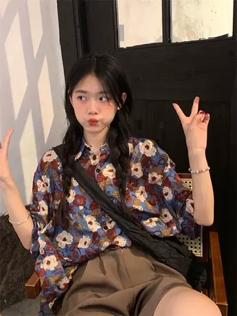 复古港味chic短袖花衬衫女夏季设计感小众别致宽松百搭t恤上衣潮商品大图