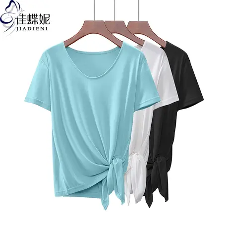 夏季新款韩版圆领宽松绑带纯色莫代尔棉短袖体恤上衣内搭女打底衫商品大图