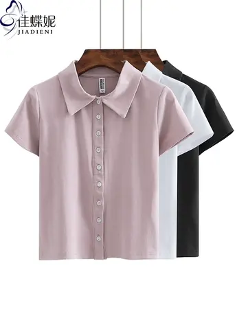 夏季纯棉显瘦短款高腰立领纽扣开衫短袖上衣女装T恤polo领翻领商品大图