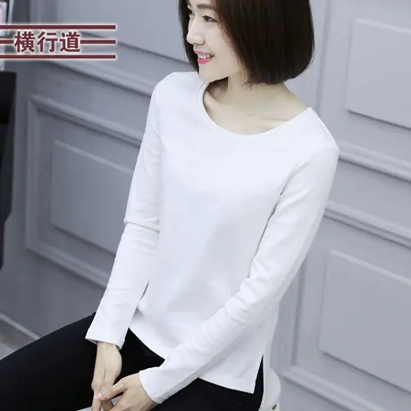 2023冬季新款纯棉大码中年妈妈白色长袖t恤女宽松上衣圆领打底衫商品大图