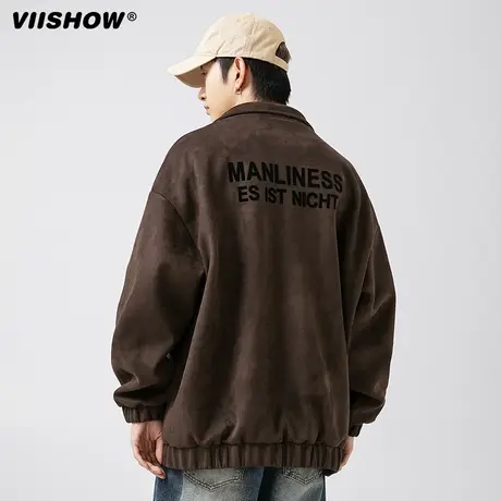 VIISHOW麂皮绒夹克美式复古字母外套男春秋潮牌宽松休闲运动立领商品大图