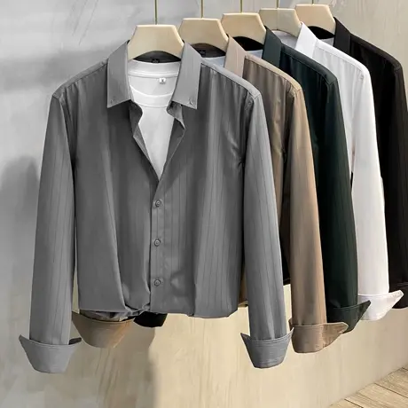 高级感衬衫男长袖韩版潮流暗条纹轻奢2023春秋新款商务休闲衬衣男商品大图