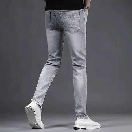 高端浅灰色牛仔长裤男夏季薄款2023新款弹力休闲男士牛仔裤青年商品大图