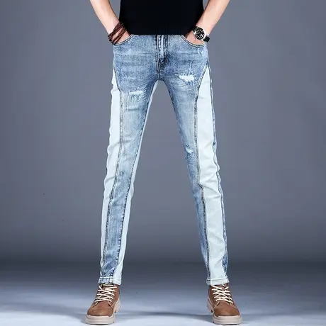 男士拼接破洞牛仔裤男夏季新款2023休闲裤子修身小脚美式高街男款商品大图