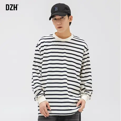 男士纯棉条纹t恤男长袖秋季潮牌高级感男装2023新款休闲上衣宽松商品大图